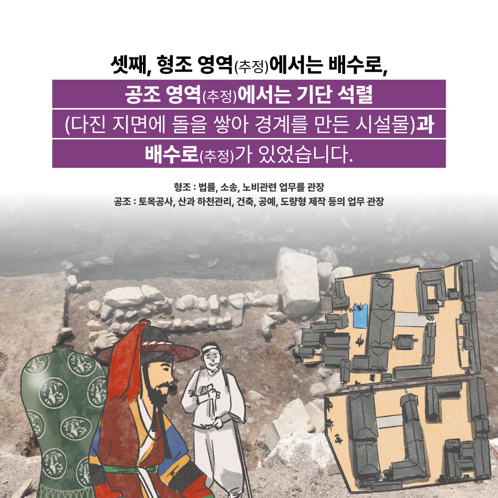 셋째, 형조 영역(추정)에서는 배수로, 공조 영(추정)에서는 기단 석렬(다진 지면에 돌을 쌓아 경계를 만든 시설물)과 배수로(추정)가 있었습니다.