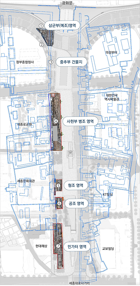 광화문외제관아실측평면도 광화문을 등지고 좌측 의정부터와 대한민국역사박물관, KT빌딩, 교보빌딩이 있으며, 우측으로 정부종합청사, 세종로공원, 세종문화회관,현대해상이 위치해있습니다. 의정부터 건너편 정부종합청 쪽에는  ①삼군부(예조)영역 ② 정부종합청사 ③중추부건물지 가있고, 대한민국 역사박물관 건너편 세종로공원 쪽에는 ④사헌부 병조 영역 이 있고, KT빌딩 건너편 세종문화회관 쪽에는  ⑤형조영역  ⑥공조영역 이 있고, 교보빌딩 건너편 현대해상 쪽에는 ⑦민가터 영역 이 있다